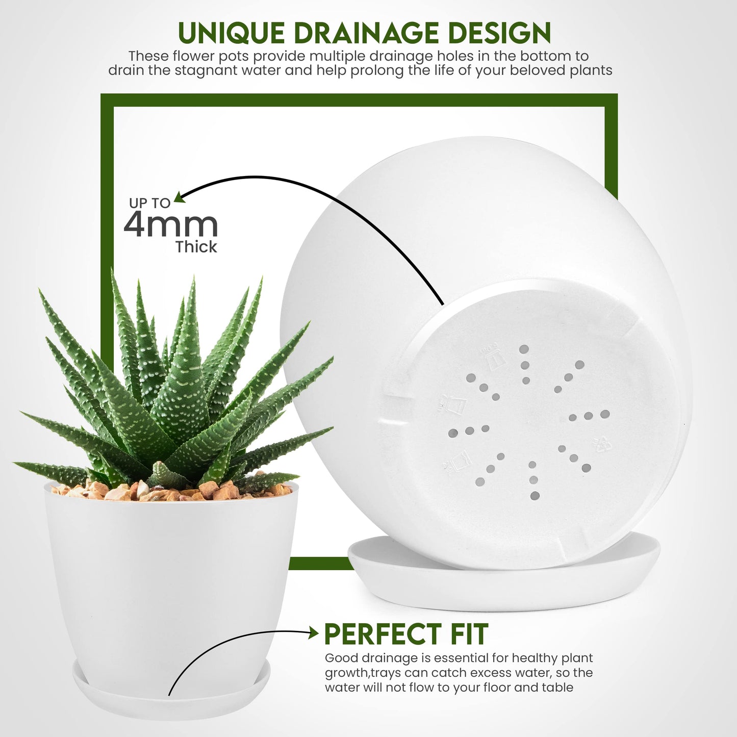 Utopia Home - Plant Pots Indoor with Drainage - 7/6.6/6/5.3/4.8 Inches Garden Flower Pots for Indoor Planter - 5 Pack White Plastic Planters - Ideal for Stocking Stuffers or Room, Office Home Decor