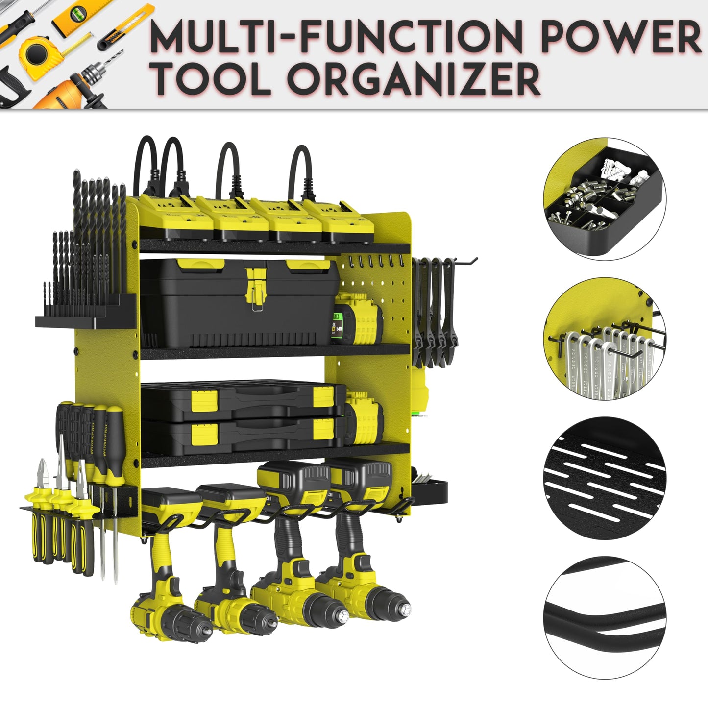 ZEAKOC Power Tool Organizer with Charging Station, 4 Layers Drill Holder Wall Mount,Metal Garage Rack with 10A Power Strip,Tool Shelves with Hooks,Drill Bit Storage, for Men Dad (Green&Black)
