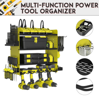 ZEAKOC Power Tool Organizer with Charging Station, 4 Layers Drill Holder Wall Mount,Metal Garage Rack with 10A Power Strip,Tool Shelves with Hooks,Drill Bit Storage, for Men Dad (Green&Black)
