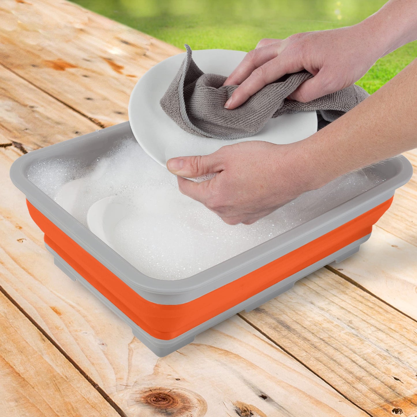 Set of 2 Multipurpose Wash Bins – 10-Liter Basins for Travel or Cleaning – Collapsible Bucket Camping Accessories by Wakeman (Orange)