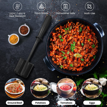 CUNSENR Premium Meat Chopper - 5 Curve Blade Ground Beef Smasher Tool - Heat-Resistant Nylon Meat Masher for Ground Beef, Hamburger, Potatoes - Non-Stick Ground Meat Chopper for Easy Mixing - Black