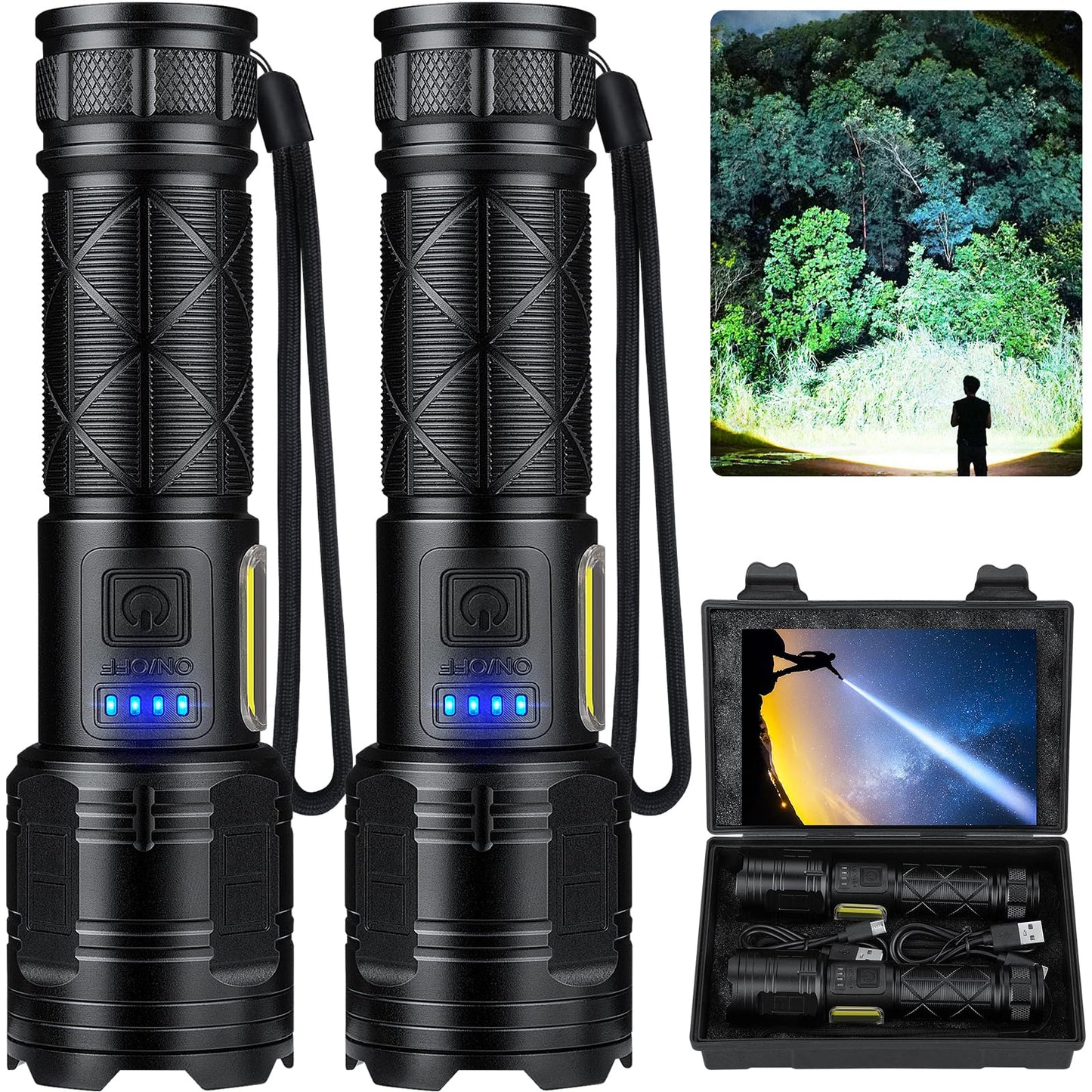 taoquwe Rechargeable LED Flashlights High Lumens, 99,000 Lumen Super Bright Flashlight with 7 Modes & Waterproof, Powerful USB Rechargeable Handheld Flash Light for Camping Home(2 Pack)