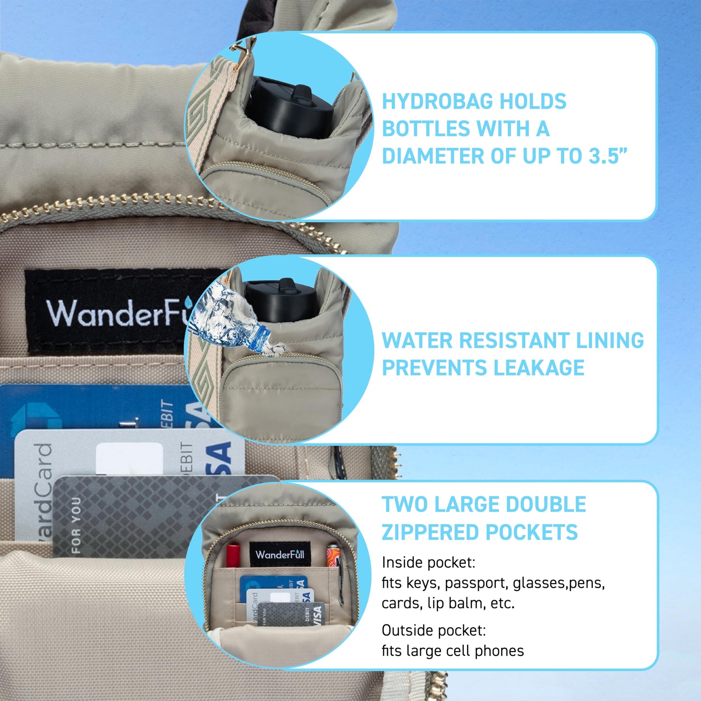 WanderFull® Original HydroBag® Fits Up to 32 oz Water Bottle Holder with Strap - Hands-Free Crossbody Water Bottle Carrier Bag with Phone Pocket - Sage