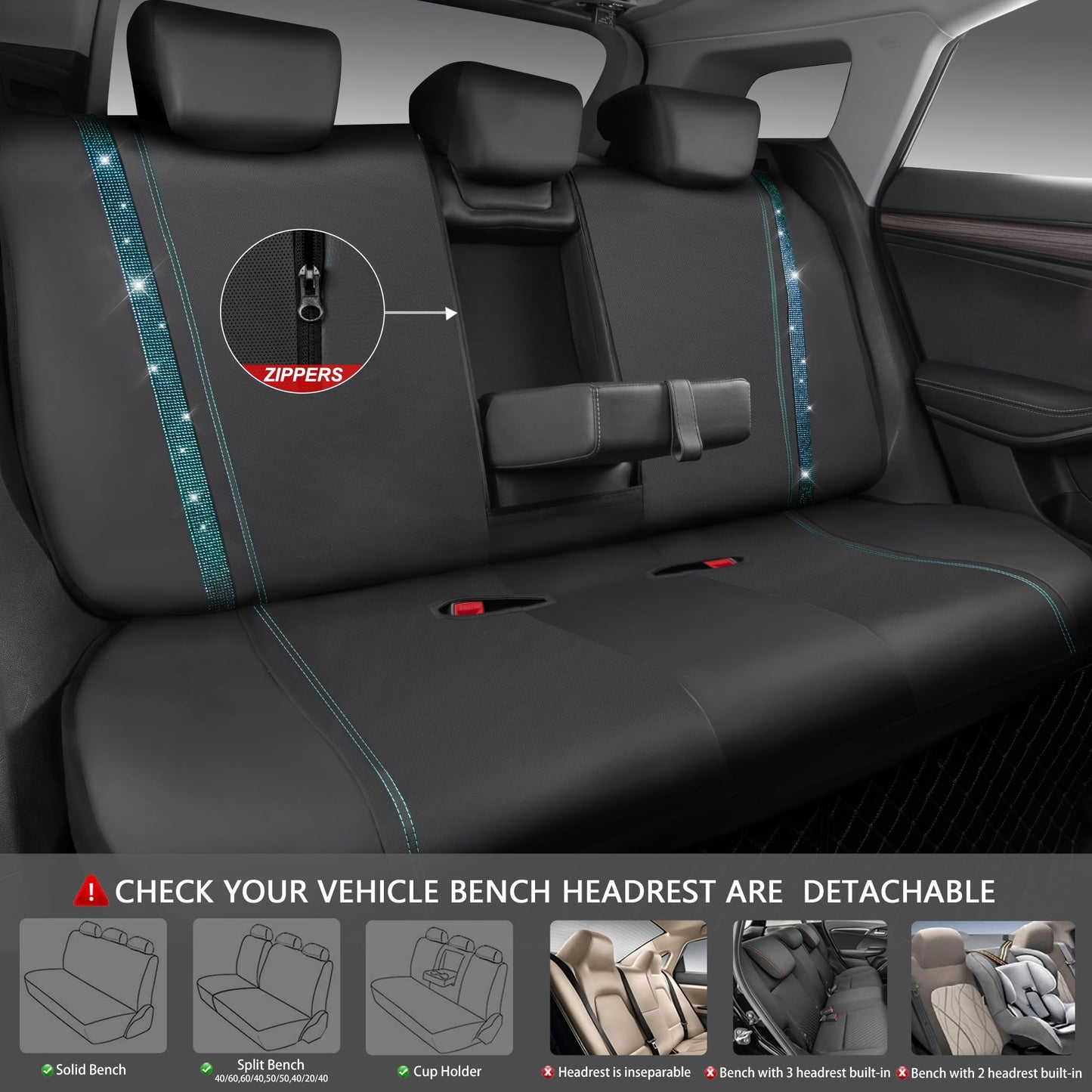 CAR PASS Bling Car Seat Covers Full Set, Shining Rhinestone Diamond Waterproof Faux Leather Universal Fit 95% Automotive Glitter Crystal Sparkle Strips for Cute Women Girl, Full Set (Mint Diamond)