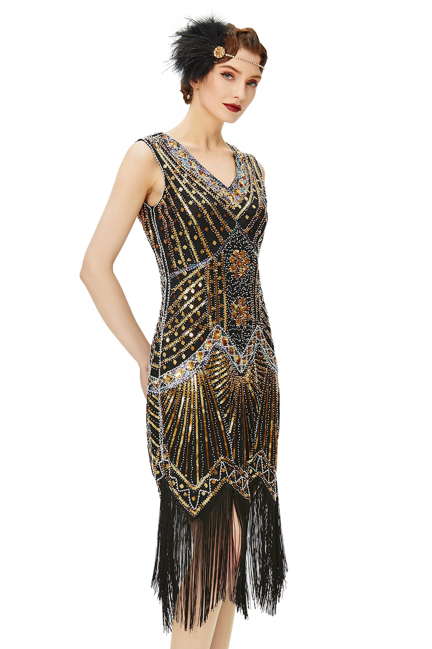 BABEYOND Women's Flapper Dresses 1920s V Neck Beaded Fringed Great Gatsby Dress Gold