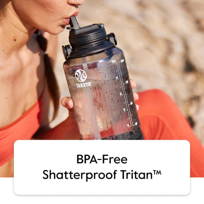 Takeya Tritan 64 oz Motivational Water Bottle with Straw Lid - Durable, BPA-Free - With Time Marker - Leakproof & Non-Slip Bumper - Cloud White