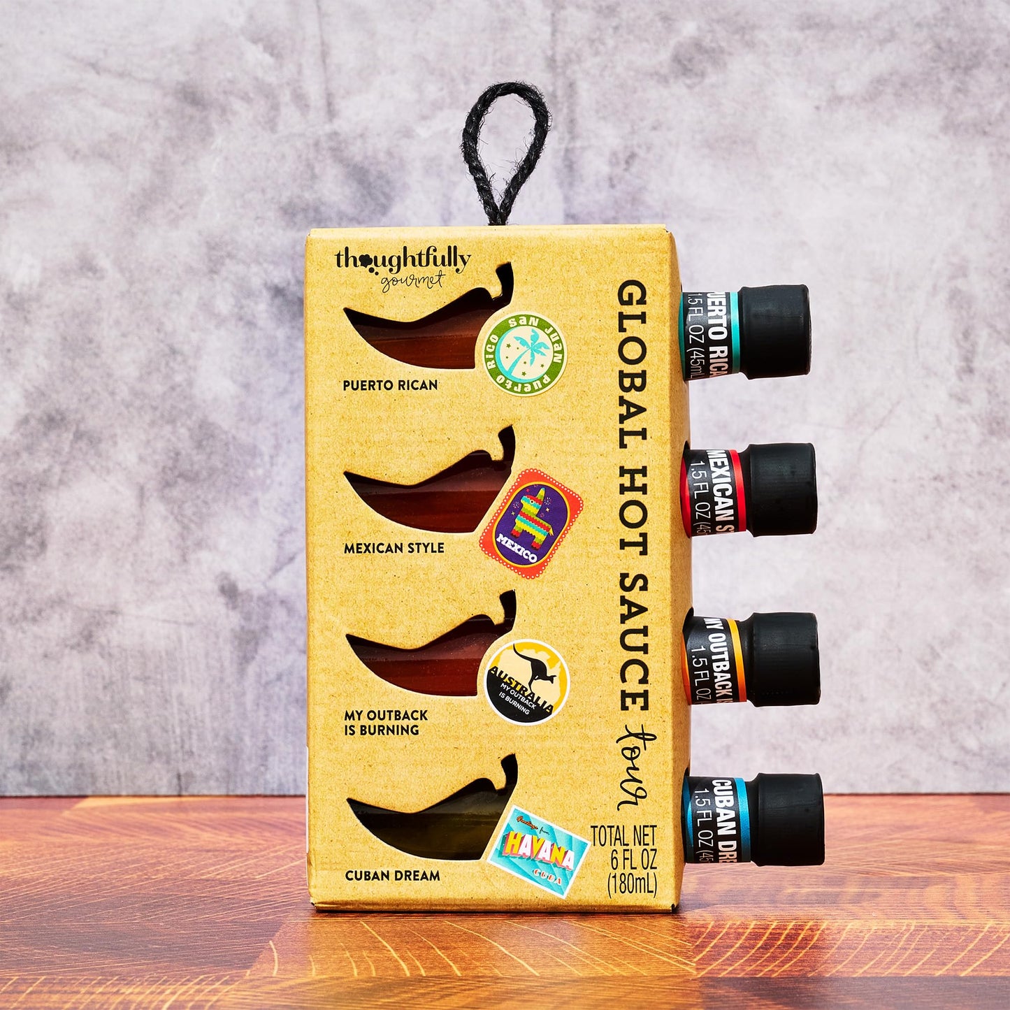 Thoughtfully Gourmet, Global Hot Sauce Gift Set, Internationally Inspired Flavors Include Puerto Rican Mango Habanero, Mexican Style Hot Sauce & More, Set of 4