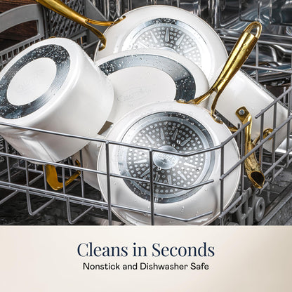 Gotham Steel 15 Pc Ceramic Cookware Set, Ceramic Pots and Pans Set Non Stick with Cooking Utensils and Steamer, Non Toxic PFOA PFOS Free, Premium Gold Stay Cool Handles, Oven & Dishwasher Safe