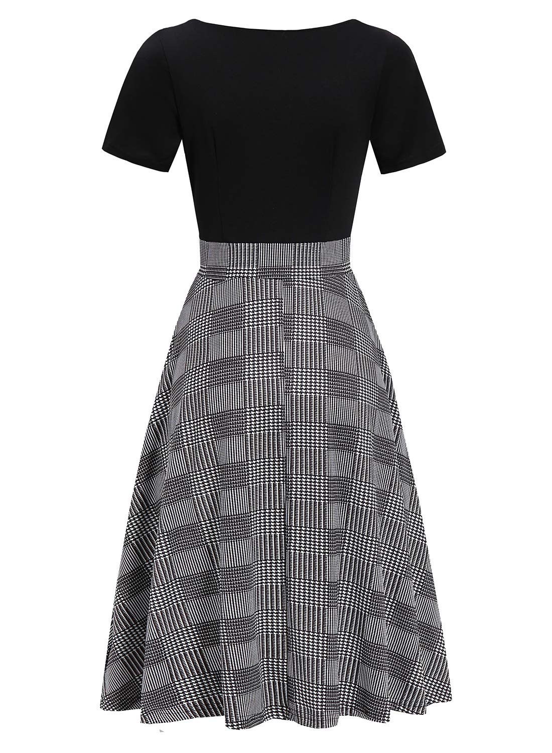 Fit and Flare Dresses for Women Vintage Casual Peter Pan Collar Flower Print Work Party A-Line Swing Dress with Pockets 978 (Plaid Black, L)