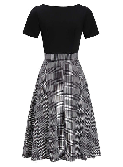 Fit and Flare Dresses for Women Vintage Casual Peter Pan Collar Flower Print Work Party A-Line Swing Dress with Pockets 978 (Plaid Black, L)