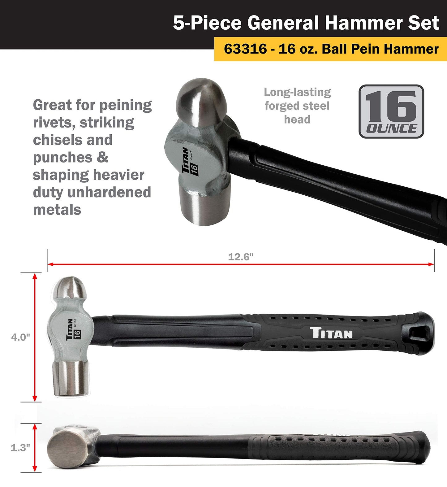 Titan 63125 5-Piece Hammer Set, Includes 16oz & 32oz Ball Pein, 32oz Rubber Mallet, 3lb Sledgehammer, & 3lb Cross Pein, Shock Absorbing Fiberglass Handles with Textured Grips
