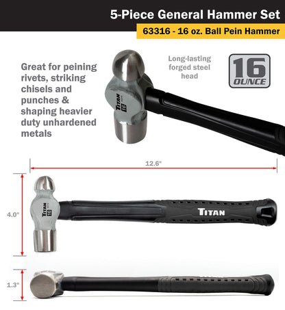Titan 63125 5-Piece Hammer Set, Includes 16oz & 32oz Ball Pein, 32oz Rubber Mallet, 3lb Sledgehammer, & 3lb Cross Pein, Shock Absorbing Fiberglass Handles with Textured Grips