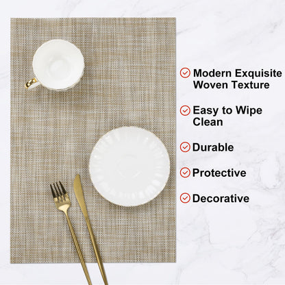 SHACOS Easy Clean Placemats Set of 4 Woven Vinyl Plastic Place Mats Heat Resistant Stain Resistant Dining Table Mats Indoor Outdoor Table Decor, Beige