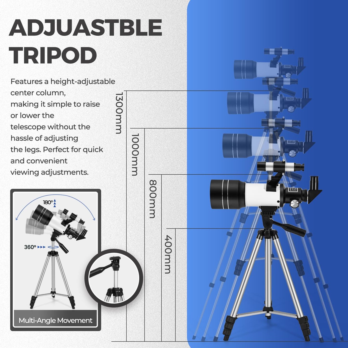 ESAKO Telescope for Kids & Beginners, 70mm Aperture Portable Telescopes with 3 Eyepieces, Height Adjustable Tripod & Phone Adapter & Remote Control
