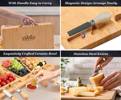 UTCG Bamboo Charcuterie Board Set - Large Folding Cheese Board with Knife Set - Unique White Elephant Gift, House Warming Gift, Wedding Gifts - 22.8 x 11.4 Inches