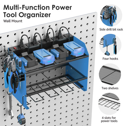 CCCEI Modular Power Tool Organizer Wall Mount with Charging Station. Garage 4 Drill Storage Shelf with Hooks, Screwdriver, Drill Bit Heavy Duty Rack, Tool Battery Holder Built in 8 Outlet Power Strip.