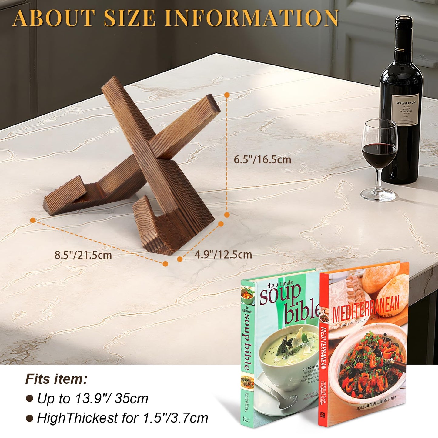 PUERSI Cookbook Stand for Kitchen, Recipe Book Holder for Kitchen Counter, Wooden Cookbook Holder, Rustic Cook Book Holder Stand - Rustic Brown