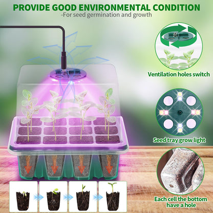 Qoolife Seed Starter Tray with Plant Light, 2 Pack Grow Lights for Seed Starting Kit with Humidity Domes, Timing Controller Adjustable Brightness for Greenhouse Propagator Station Planting Growing