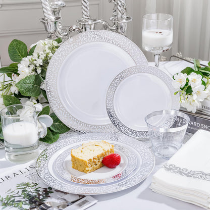 Festiva 350PCS Silver Plastic Dinnerware Set - Disposable Lace Silver Plates and Napkins Party Supplies - include plates,napkins,cups,silverware - Serve for 50 Guests Party&Wedding
