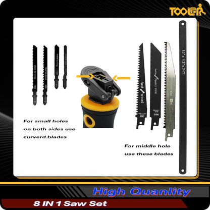 TOOLAN: 8-In-1 Multi Blades Hand Saw, Drywall Cutter. Hacksaw. Long Blade Hand Saw, Jab Saw, For Cutting Drywall, Sheetrock, Wood, Metel, Plastic, Plywood. Blade Quick Change Mechanism.