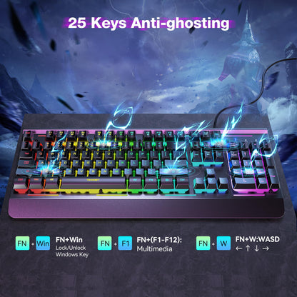 TECKNET Gaming Keyboard, USB Wired Computer Keyboard, 15-Zone RGB Illumination, IP32 Water Resistance, 25 Anti-ghosting Keys, All-Metal Panel (Whisper Quiet Gaming Switch)