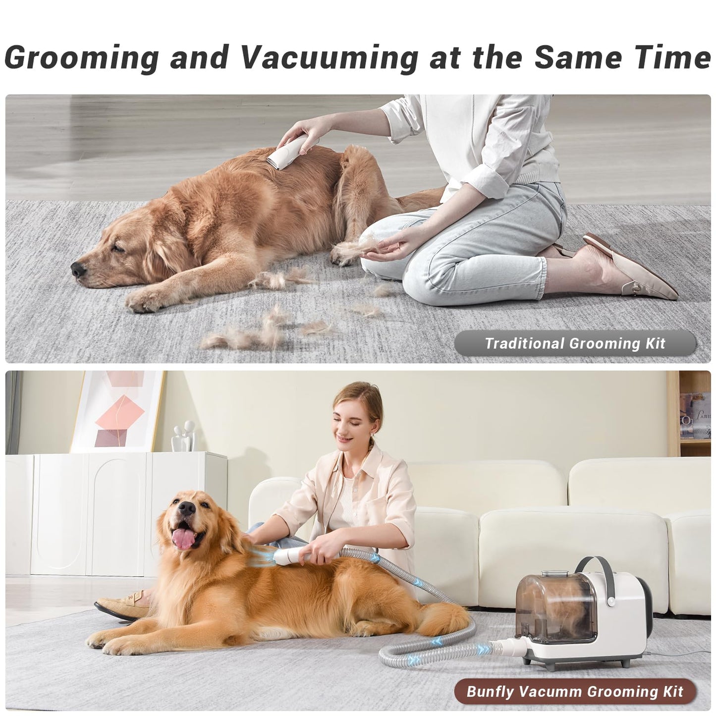 Bunfly Dog Grooming Kit,13000Pa Strong Grooming & Vacuum Suction 99.99% Pet Hair, 16 Pet Grooming Tools for Dogs Cats, 3L Large Capacity Dust Cup, Quiet Pet Vacuum Groomer (Silver & White)