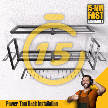 Spampur Power Tool Organizer for Tool Storage, Drill Holder Wall Mount with Charging Station, Tool Holder and Storage Rack for Garage Organization, Heavy Duty Metal Tool Shelf with Battery Holder