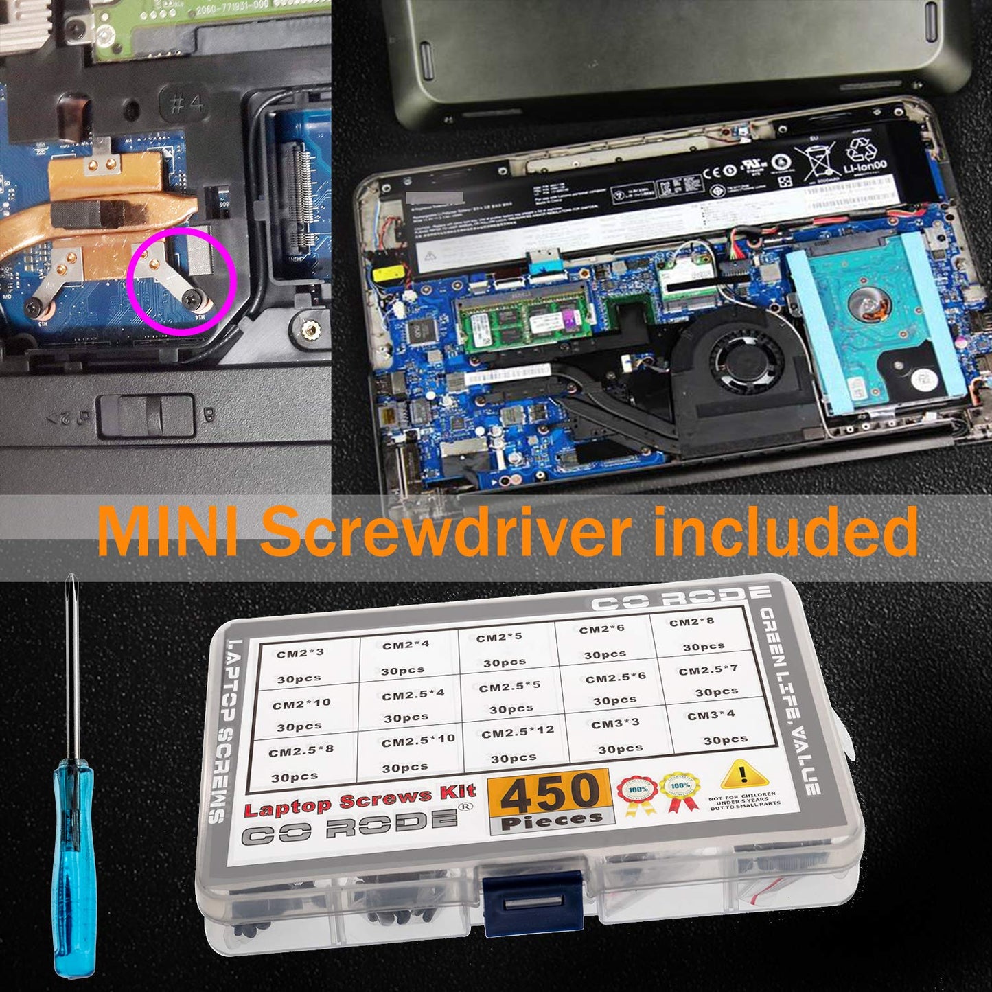 CO-RODE 450pcs M2 M2.5 M3 Laptop Computer Screws Kit Set for SSD IBM HP Dell Lenovo Sony Toshiba Gateway Acer Hard Drive SATA, (15-Size)