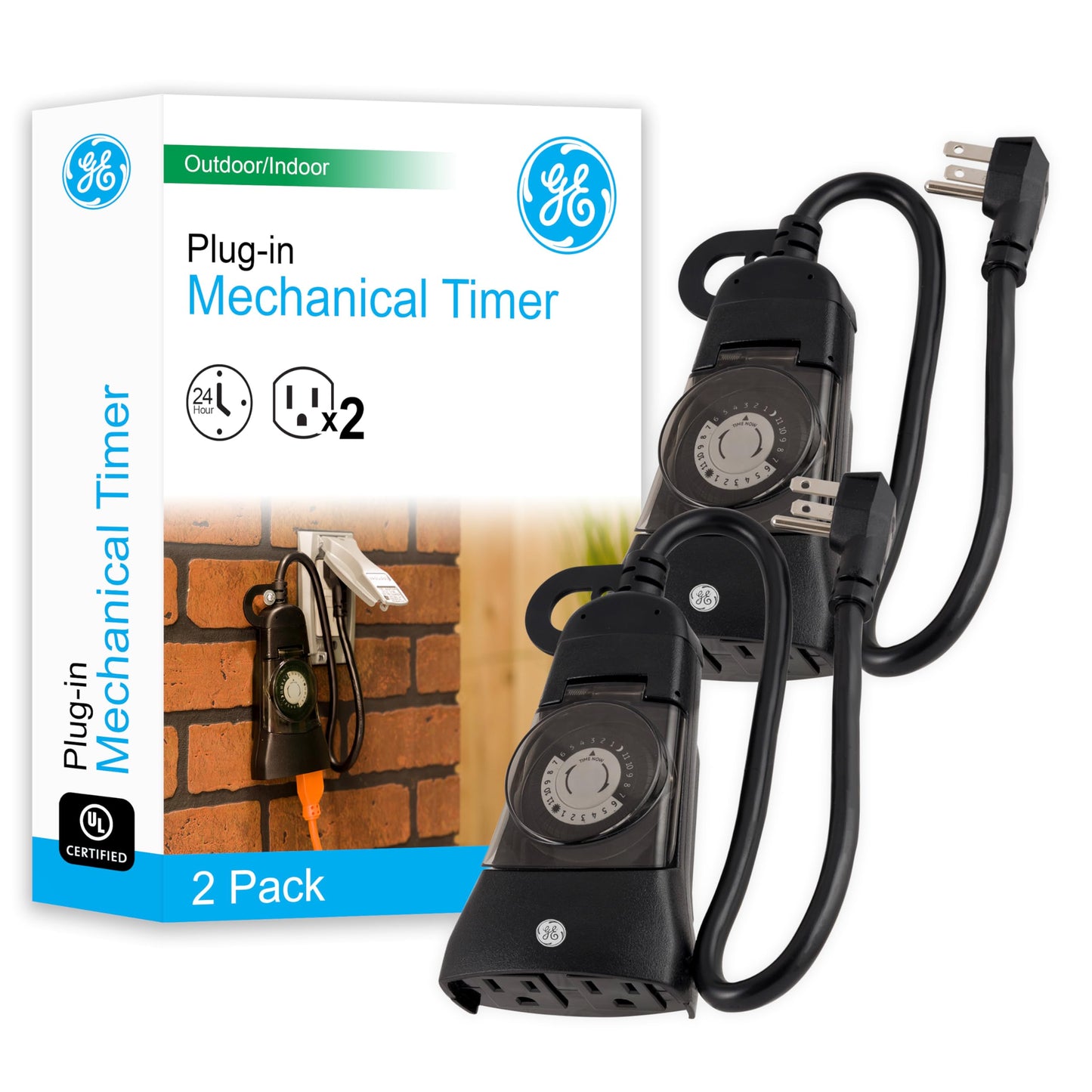 GE 24-Hour Heavy-Duty Ουtdооr Mechanical Τімer, 2 Grounded Outlet Τімer, Programmable Daily Cycle, 30-Minute Interval Ουtdооr Τімer, Weather Resistant, Ουtdооr Light Τімer, Black, 2 Pack, 46224