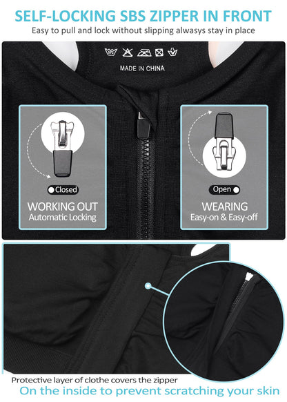 Women's Zip Front Sports Bra - Wireless, Padded, Post-Surgery, Racerback, Workout & Yoga Bra Top 2 Pack