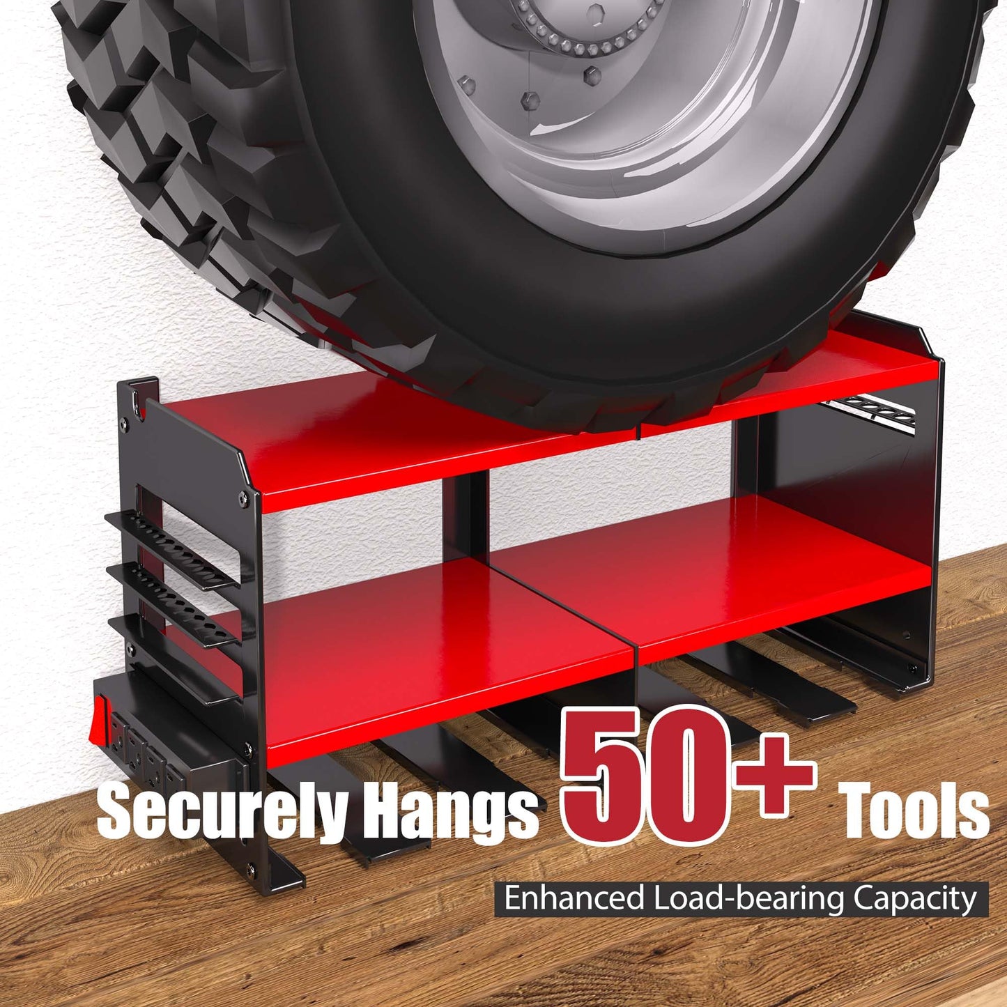 Spampur Power Tool Organizer with Charging Station, 6 Drill Holders Wall Mount, Heavy Duty Metal Premium Garage Tool Shelf, Gift for Man Cordless Tool Storage Rack with 4 Outlet Power Strip - Red