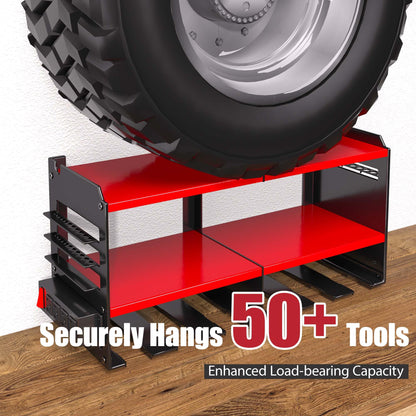 Spampur Power Tool Organizer with Charging Station, 6 Drill Holders Wall Mount, Heavy Duty Metal Premium Garage Tool Shelf, Gift for Man Cordless Tool Storage Rack with 4 Outlet Power Strip - Red