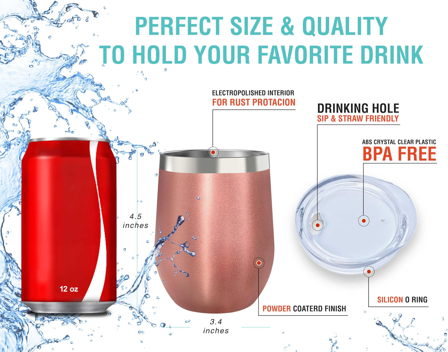 CHILLOUT LIFE Stainless Steel Wine Tumblers 2 Pack 12 oz - Double Wall Vacuum Insulated Wine Cups with Lids and Straws Set for Coffee, Wine, Cocktails (Rose Gold)