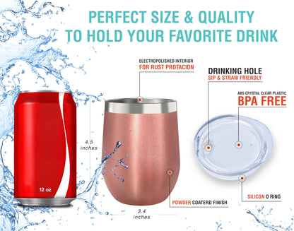 CHILLOUT LIFE Stainless Steel Wine Tumblers 2 Pack 12 oz - Double Wall Vacuum Insulated Wine Cups with Lids and Straws Set for Coffee, Wine, Cocktails (Rose Gold)