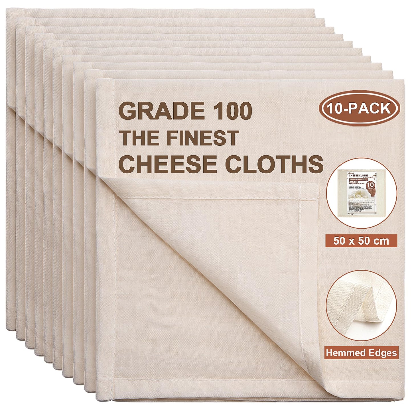 eFond Cheese Cloths | 10-Pack, 20x20Inch Squares with Hemmed Edges | Grade 100 Ultra Fine Reusable Cheesecloth for Straining | Unbleached Cotton Muslin Cloths | for Nut Milk, Butter, Baking & Cooking