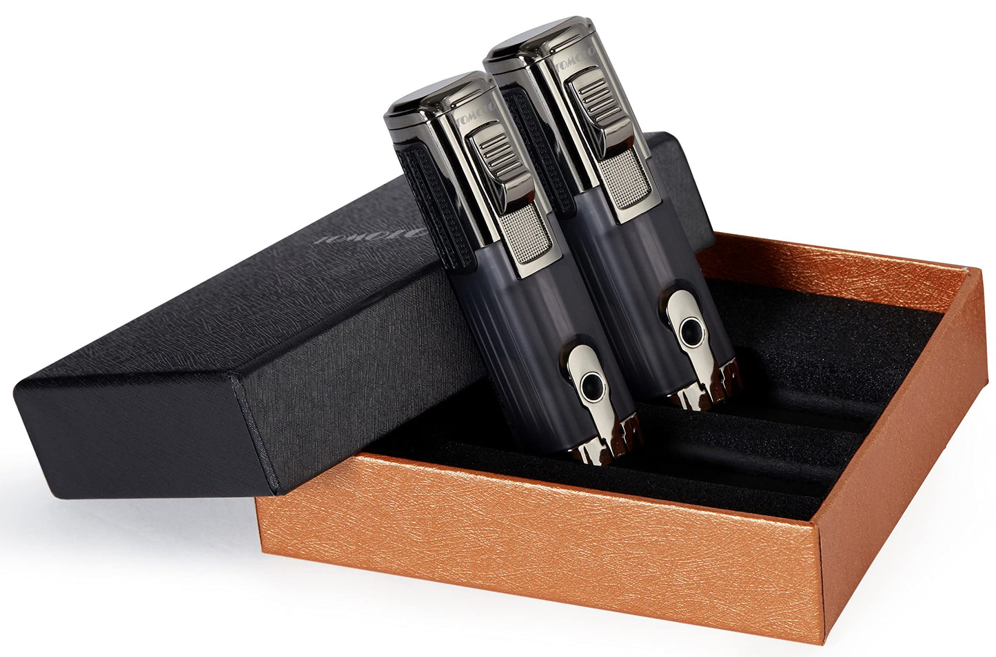 TOMOLO Cigar Lighter Triple Jet Flame Torch Lighter Refillable Butane Lighter with Cigar Punch, 2 Pack, Charcoal