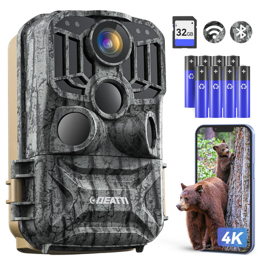 DEATTI Trail Camera 48MP 4K Game Camera with 8 Batteries 32GB SD Card,WiFi Bluetooth Connection,Trail Cameras with Night Vision Motion Activated Waterproof for Wildlife Deer Outdoor 0.1s Trigger Time