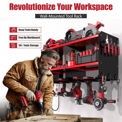 Spampur Power Tool Organizer with Charging Station, 6 Drill Holders Wall Mount, Heavy Duty Metal Premium Garage Tool Shelf, Gift for Man Cordless Tool Storage Rack with 4 Outlet Power Strip - Red
