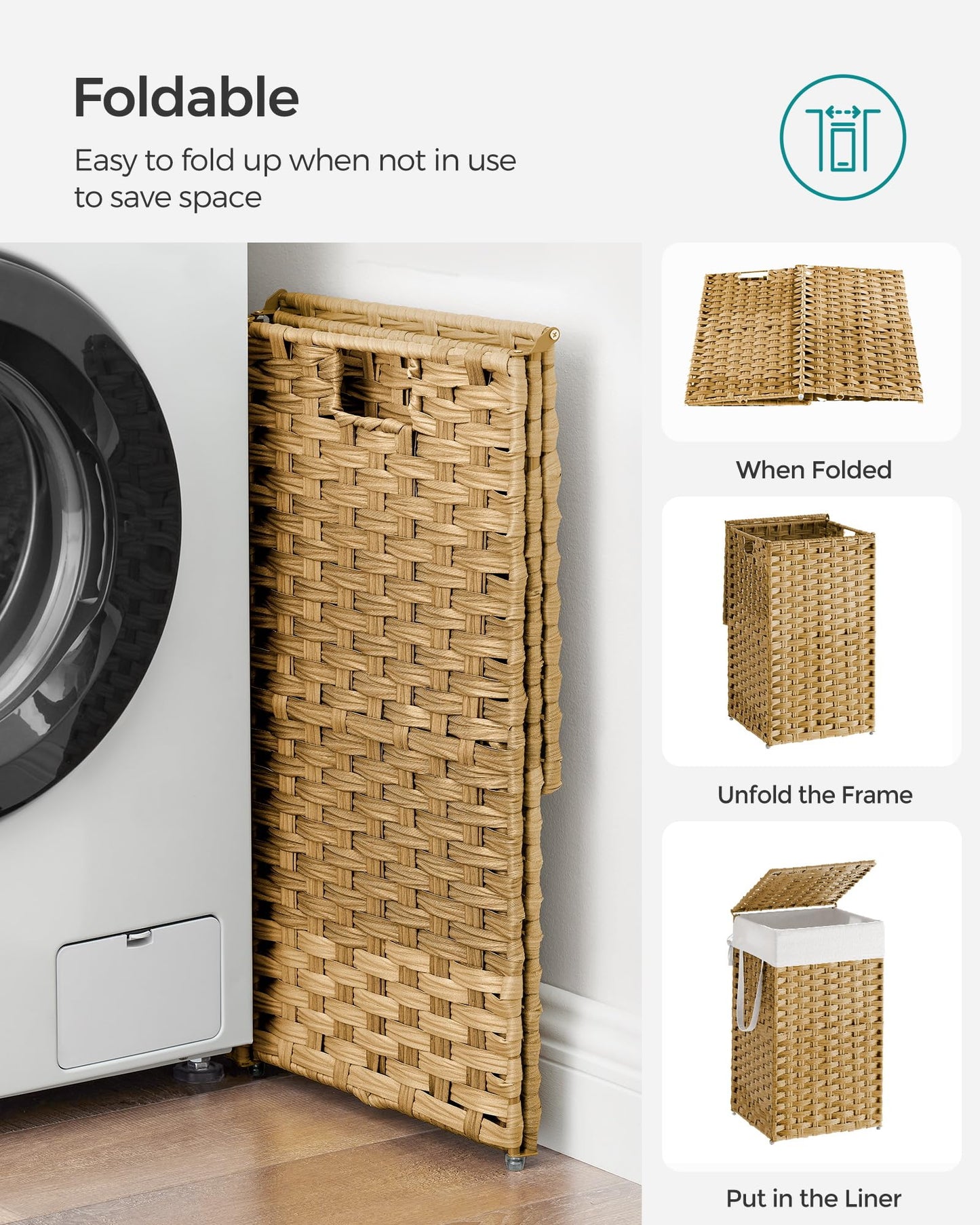 SONGMICS Laundry Hamper with Lid, 17.2 Gallon (65 L) Synthetic Rattan Clothes Laundry Basket with Lid and Handles, Foldable, Removable Liner, Goose Yellow ULCB165N01