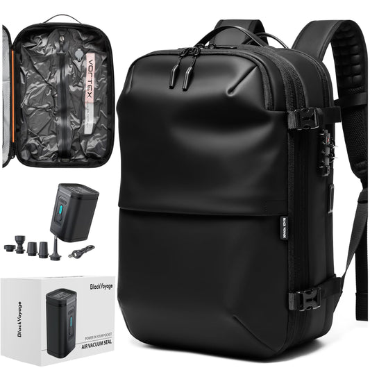 Vortex Vacuum Seal Travel Backpack 60L Expandable Air Compression System Water Resistant TSA Lock Carry-On Suitcase Luggage Black AERO - Vacuum Pump Included