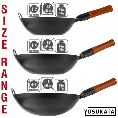 YOSUKATA 13.5" Carbon Steel Wok Pan – Pre-Seasoned Flat Bottom Pow Wok for Stir Fry, BBQ, Grill & Camping – Traditional Japanese Chinese Cookware – Compatible with Induction, Electric, Gas, Open Fire