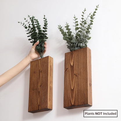 Wood Wall Planter Set of 2, Wall Pocket for Greenery and Dried Flowers, Indoor Wood Hanging Vase, Modern Farmhouse Wall Decor for Living Room Bedroom Office Eucalyptus Stems Decorations (Walnut)