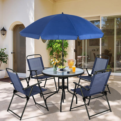 Vongrasig 6 Pieces Folding Patio Dining Set, All Weather Small Metal Outdoor Table and Chair Set, Garden Patio Furniture Set w/Umbrella, Glass Table & 4 Folding Chairs for Lawn, Backyard, Blue