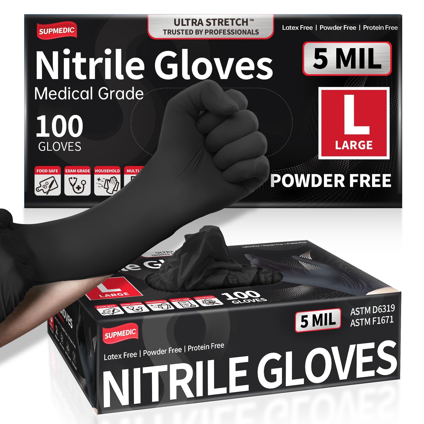 Supmedic Black Nitrile Exam Gloves, 5 Mil Chemical Resistant Powder-Free Food Safe Disposable Medical Glove 100Pcs (Large)