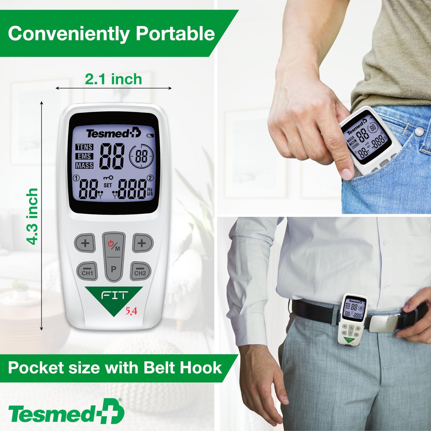 TESMED Fit 5.4: TENS Unit, EMS Muscle Stimulator & Muscle Massager (3-in-1), 22 Programs, 6 Customizable, Ideal for Pain Relief and Muscle Stimulation, 4 Electrodes