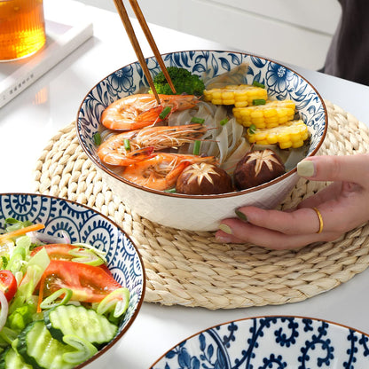 YALONG Ceramic 40 Oz Ramen Bowls Set of 4, 8 Inch Soup Bowls for Pho,Noodle,Salad, Pasta and Serving, Blue and White Japanese, Microwave and Dishwasher Safe