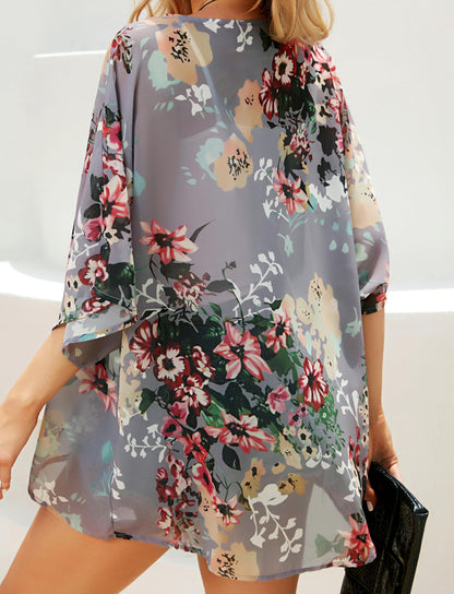 Women's Floral Print Puff Sleeve Kimono Cardigan Loose Cover Up Casual Blouse Tops(Dark Grey,L)