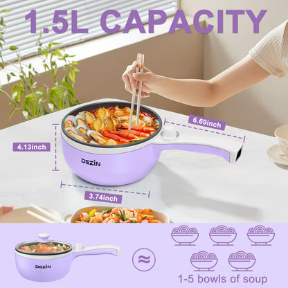 Dezin Hot Pot Electric with Steamer Upgraded, Non-Stick Sauté Pan, Rapid Noodles Electric Pot, 1.5L Mini Pot for Steak, Egg, Fried Rice, Ramen, Oatmeal, Soup with Power Adjustment