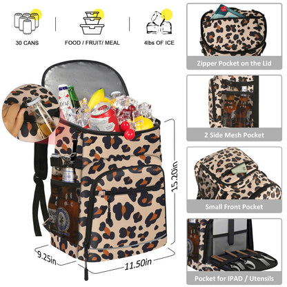 Cooler Backpack Insulated Leakproof Waterproof Backpack Cooler Bag 30 Cans, Large Capacity Lightweight Travel Camping Beach Drink Beverage Beer Bag Cooler Ice Chest for Men and Women, Leopard