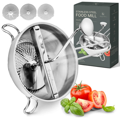 Ergonomic Food Mill Stainless Steel With 3 Grinding Discs - Rotary Food Mill for Tomato Sauce, Applesauce, Puree, Mashed Potatoes, Jams, Baby Food